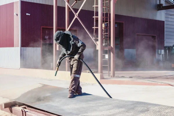 worker-special-suit-is-sandblasting-metal-industrial-site